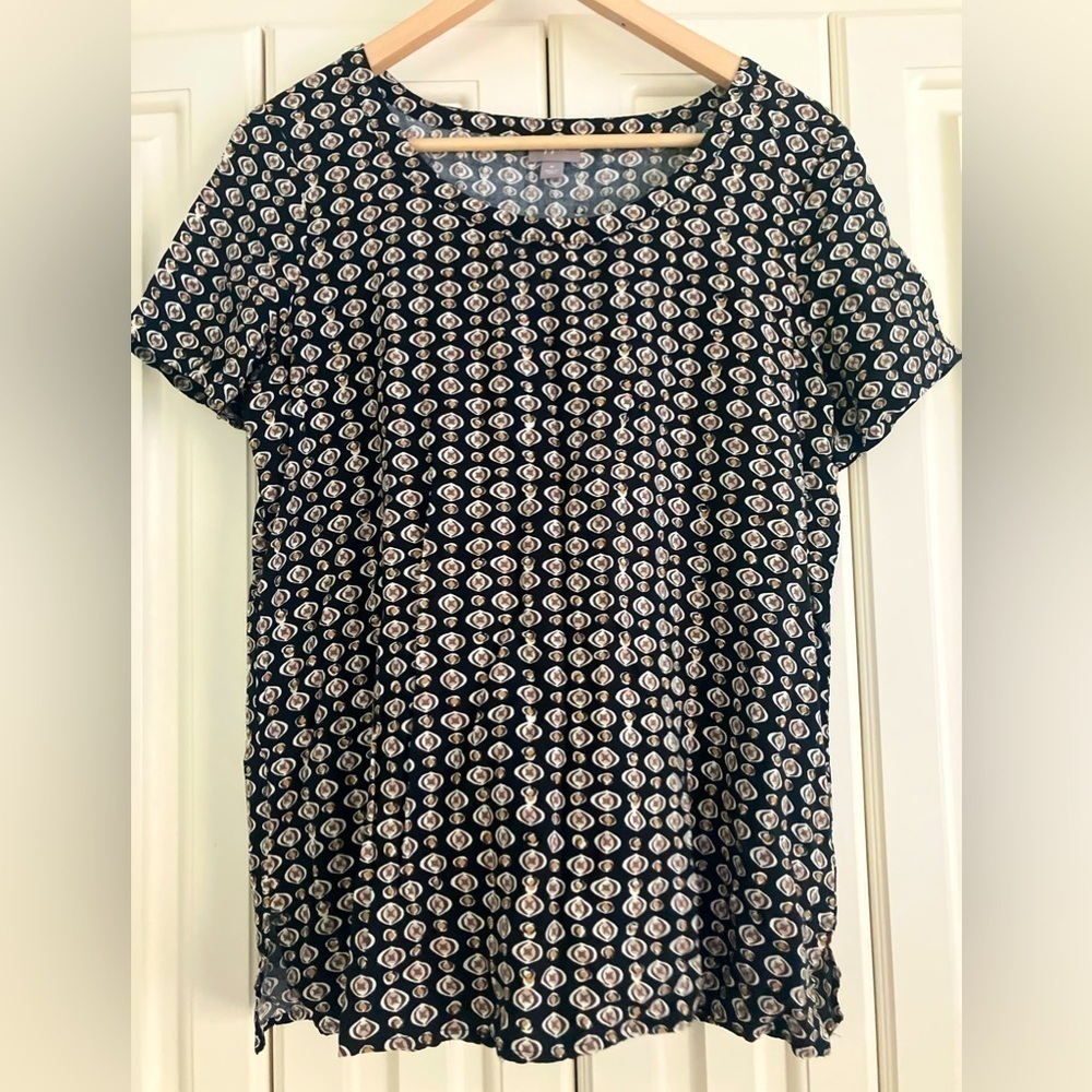 J. Jill Black Top with White and Light Blue Medallion Print